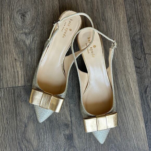 Kate Spade Golden Glitter Bow Pointed Toe Slingback Kitten Heels Size 7 - Picture 2 of 9